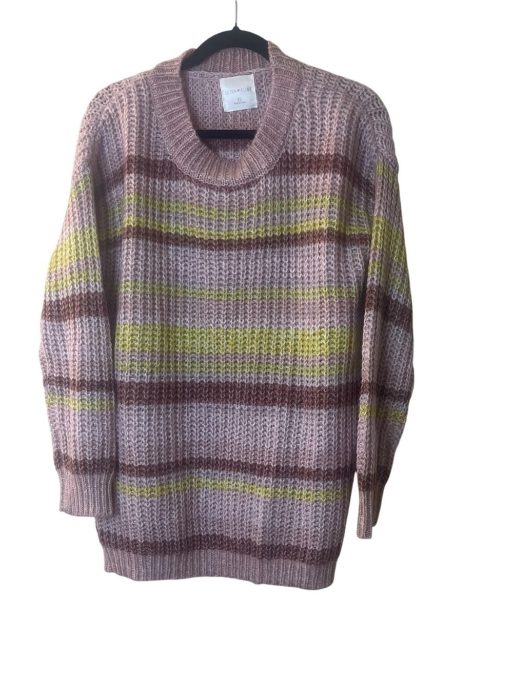 Ultra Flirt Cozy Striped Pink Yellow Knit Sweater Sz L